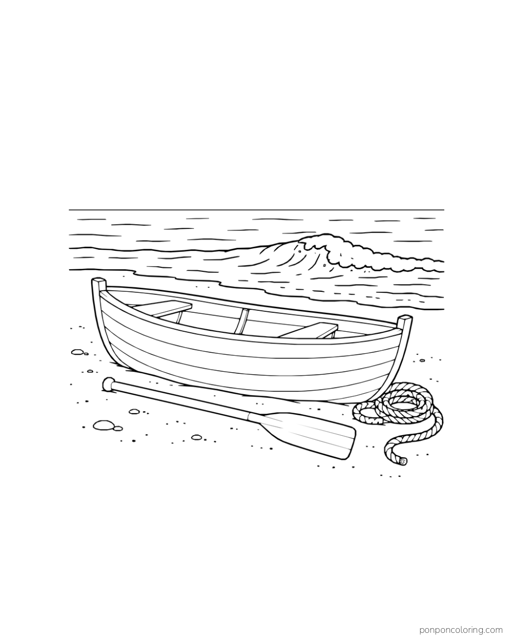 A wooden rowboat sits on the beach beside an oar and a coil of rope.