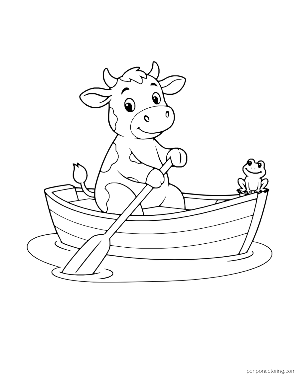 A cow rows a small boat while a frog perches at the bow.