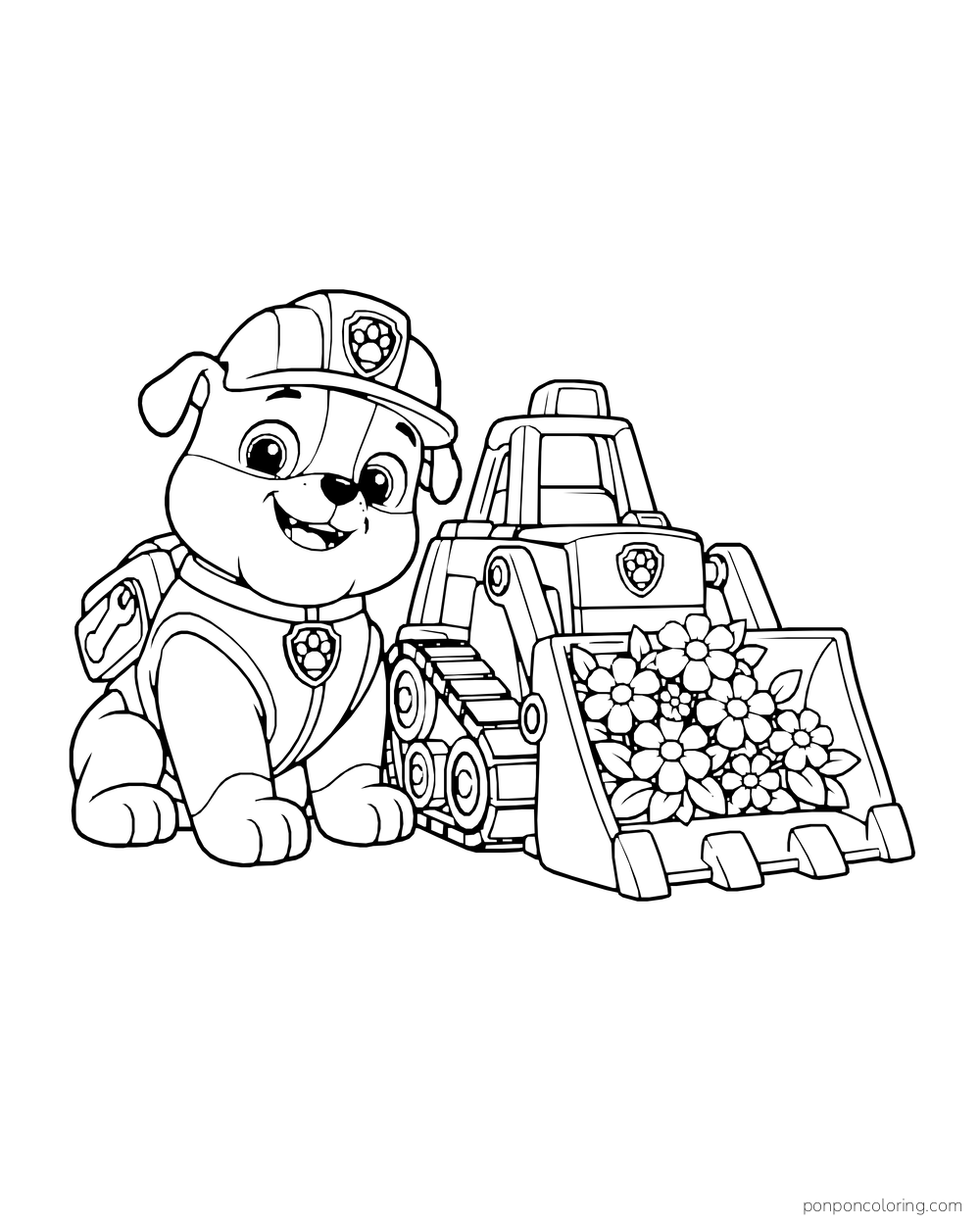 Rubble sits beside a compact bulldozer with flowers in its bucket.