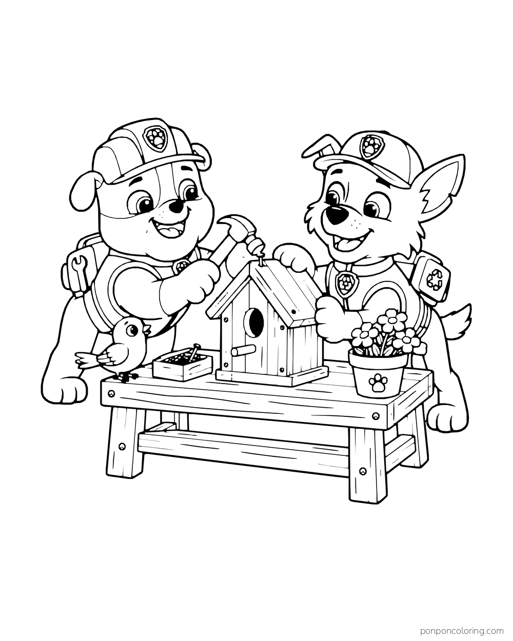 Rubble and Rocky work on a wooden birdhouse at a low bench beside a flower pot and a small bird.