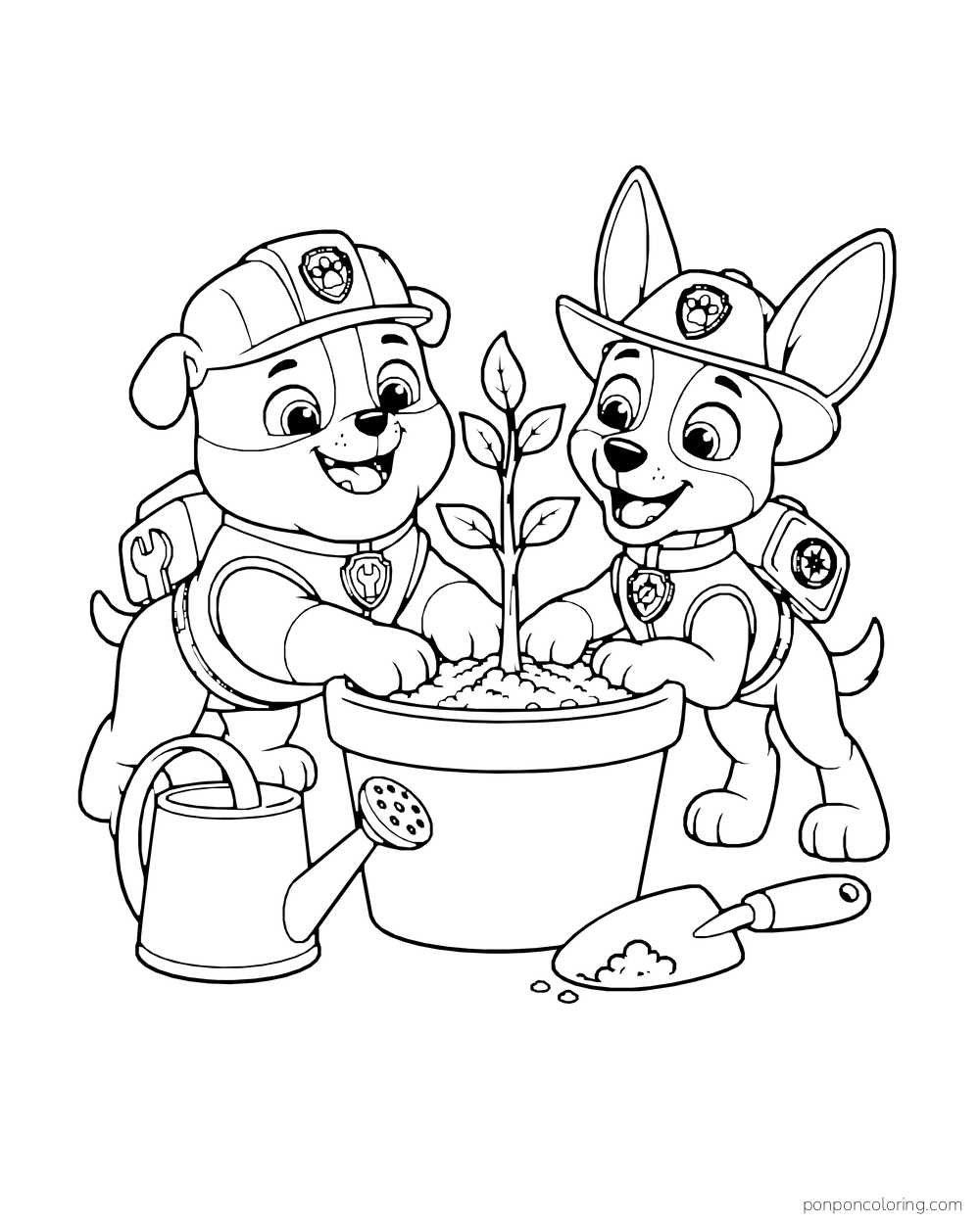 Rubble and Tracker plant a sapling in a large pot beside a watering can and trowel.