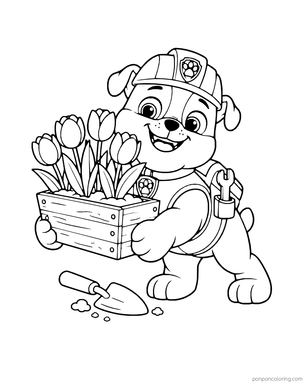 Rubble carries a wooden planter of tulips beside a garden trowel.