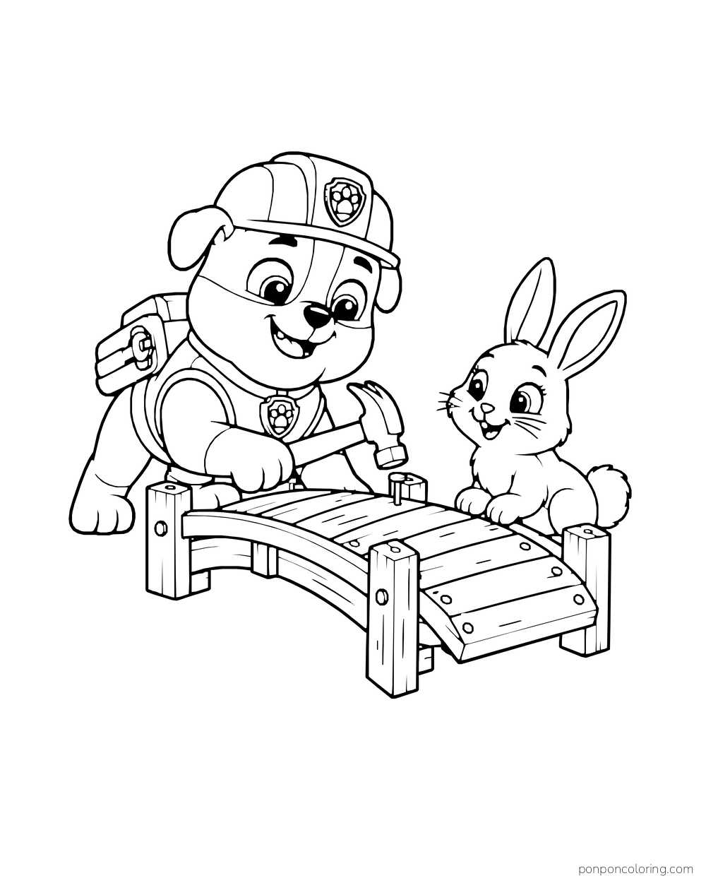 Rubble uses a hammer on a small wooden bridge beside a rabbit.