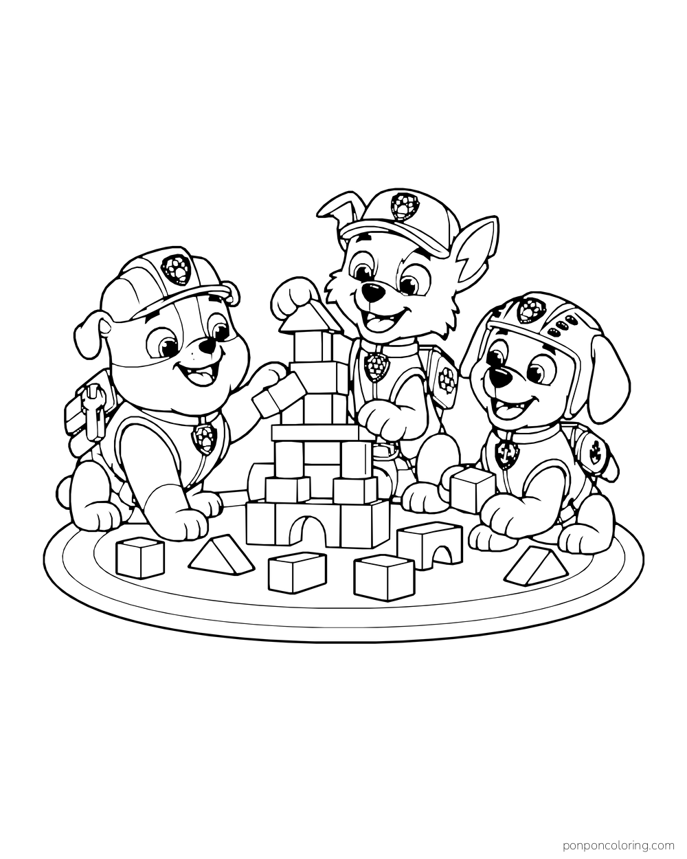 Rubble, Rocky and Zuma stack toy blocks on an oval rug.