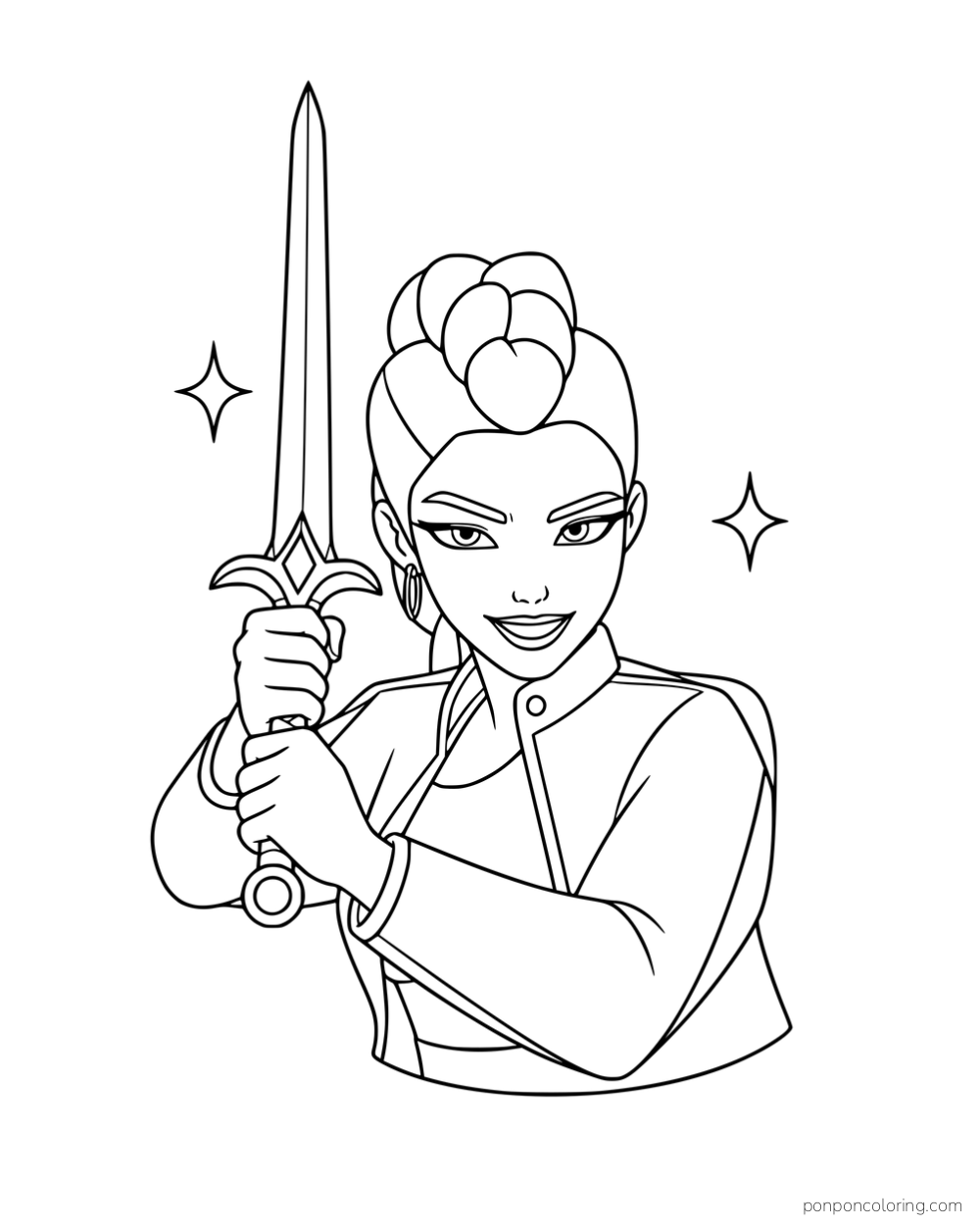 Rumi holding a sword upright beside two star-shaped sparkles.