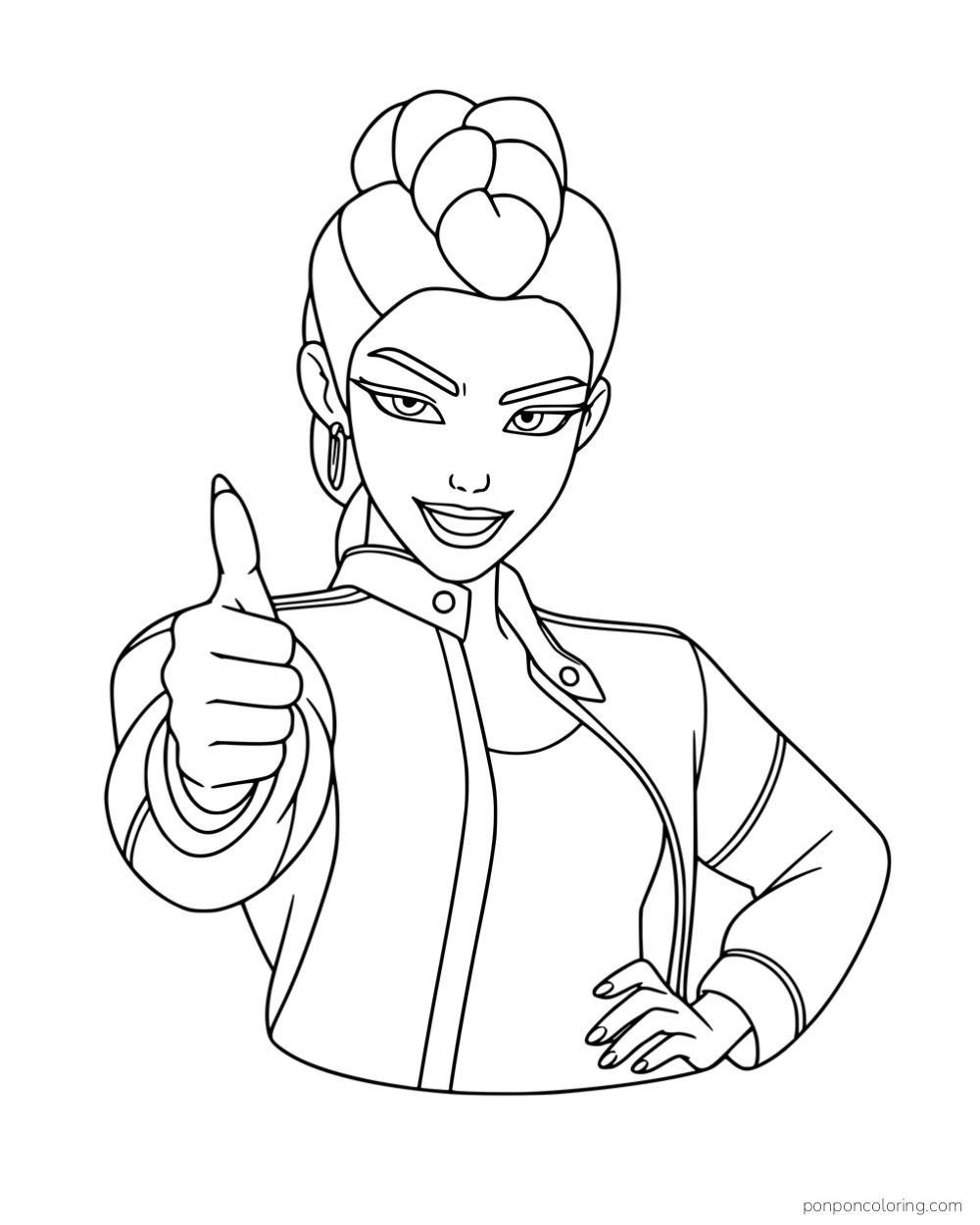 Rumi giving a thumbs-up with one hand on her hip.