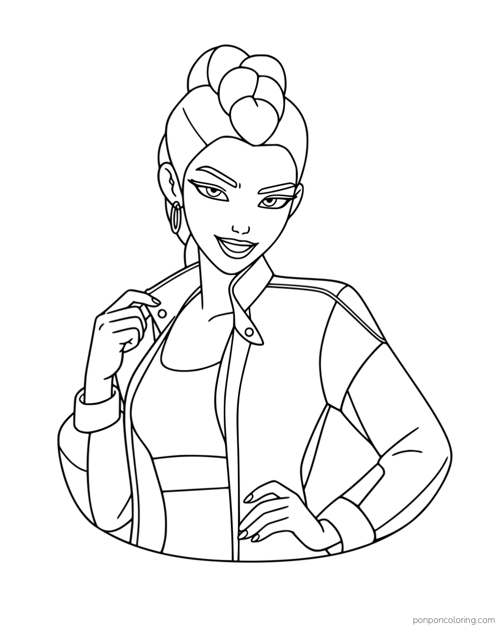 Rumi holding her jacket collar with one hand on her hip.