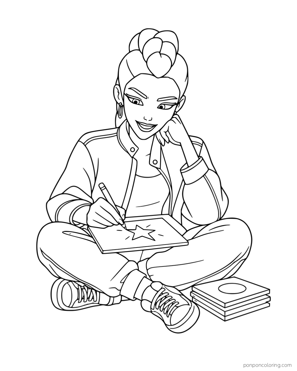 Rumi sitting cross-legged and drawing a star on a square sleeve beside a stack of albums.