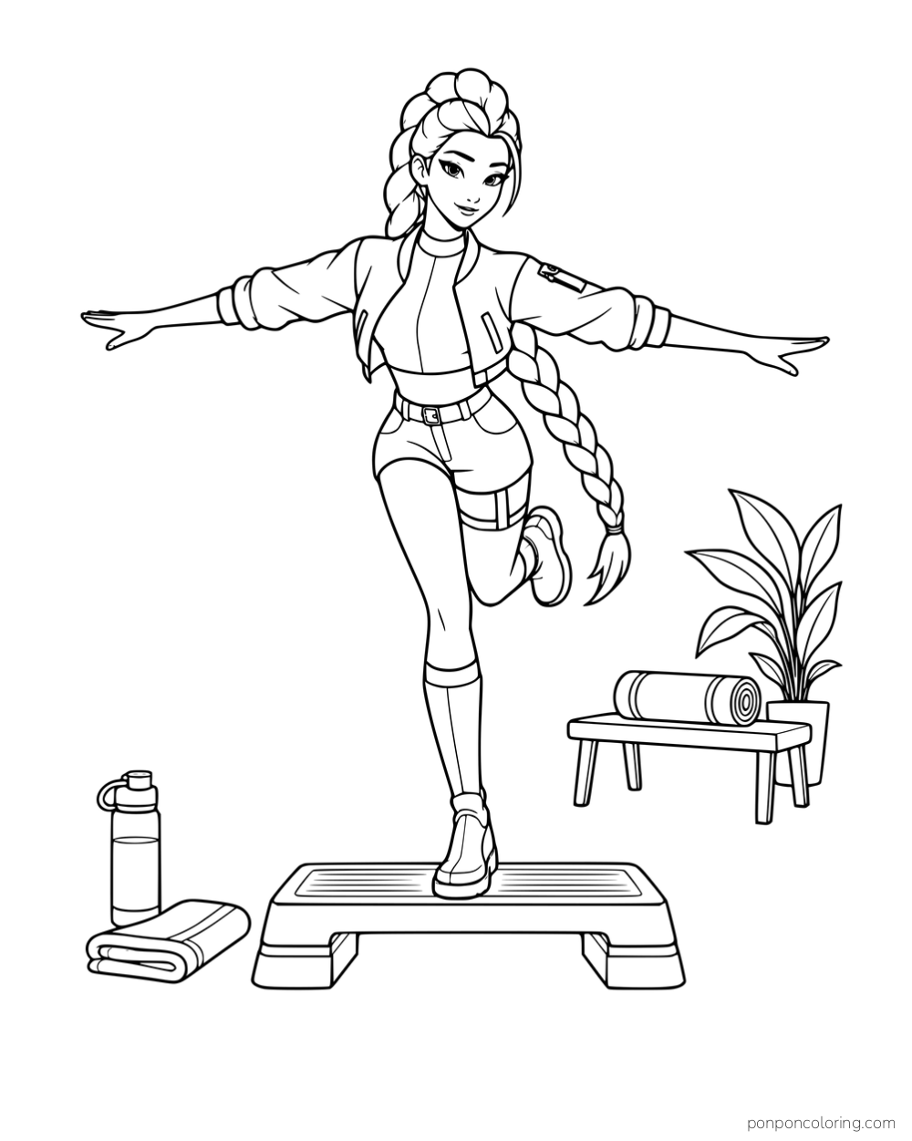 Rumi balancing on one foot with both arms extended beside a bench, exercise mat, and water bottle.