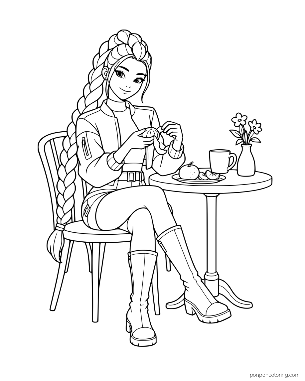 Rumi peeling a tangerine at a round table with fruit, flowers, and a mug.