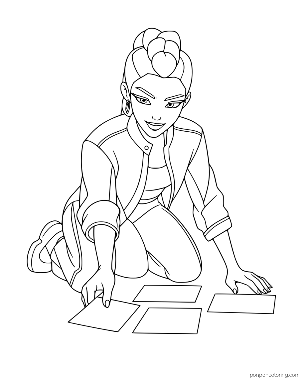 Rumi kneeling and arranging four blank cards on the floor.