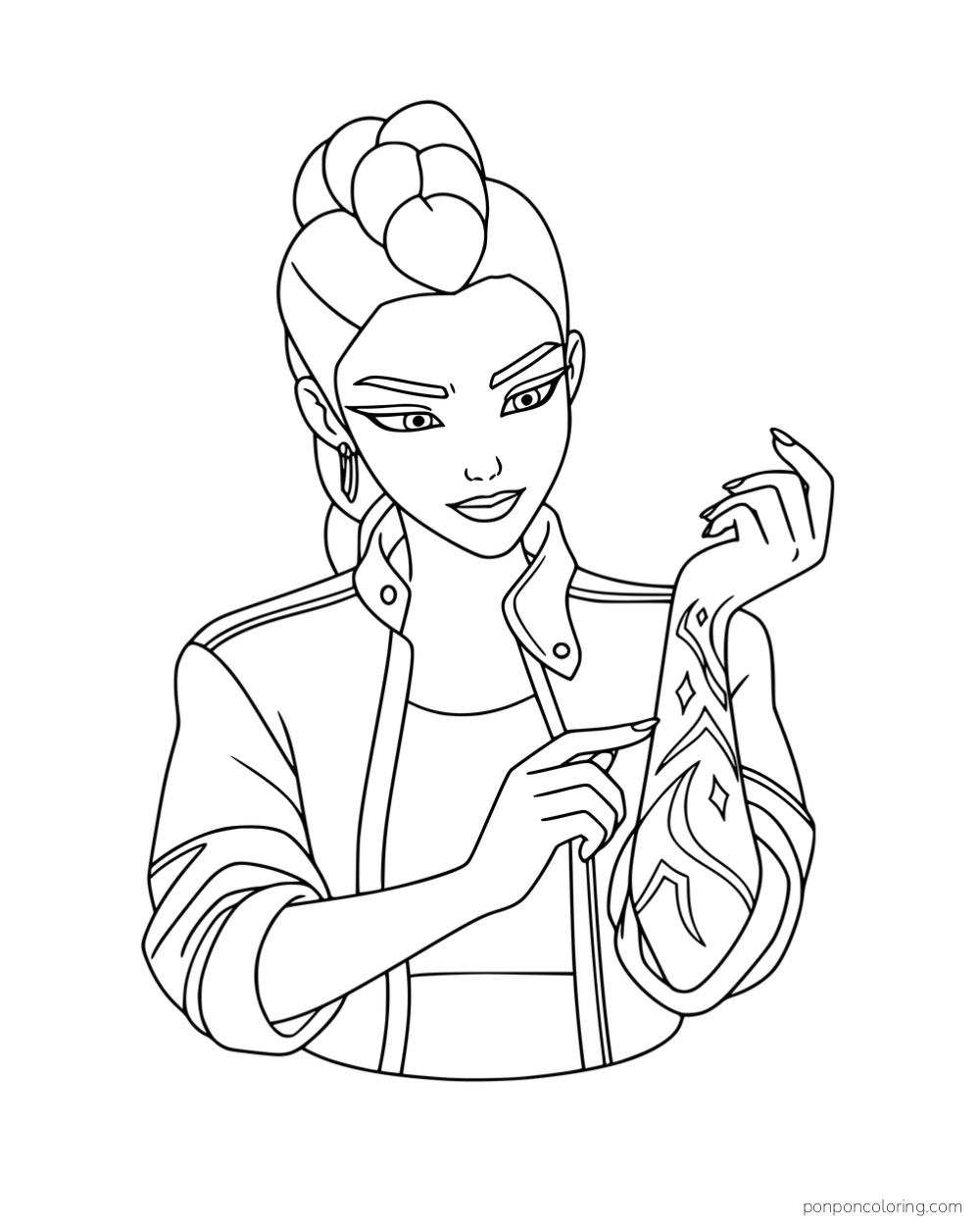 Rumi pointing to decorative markings on her raised forearm.