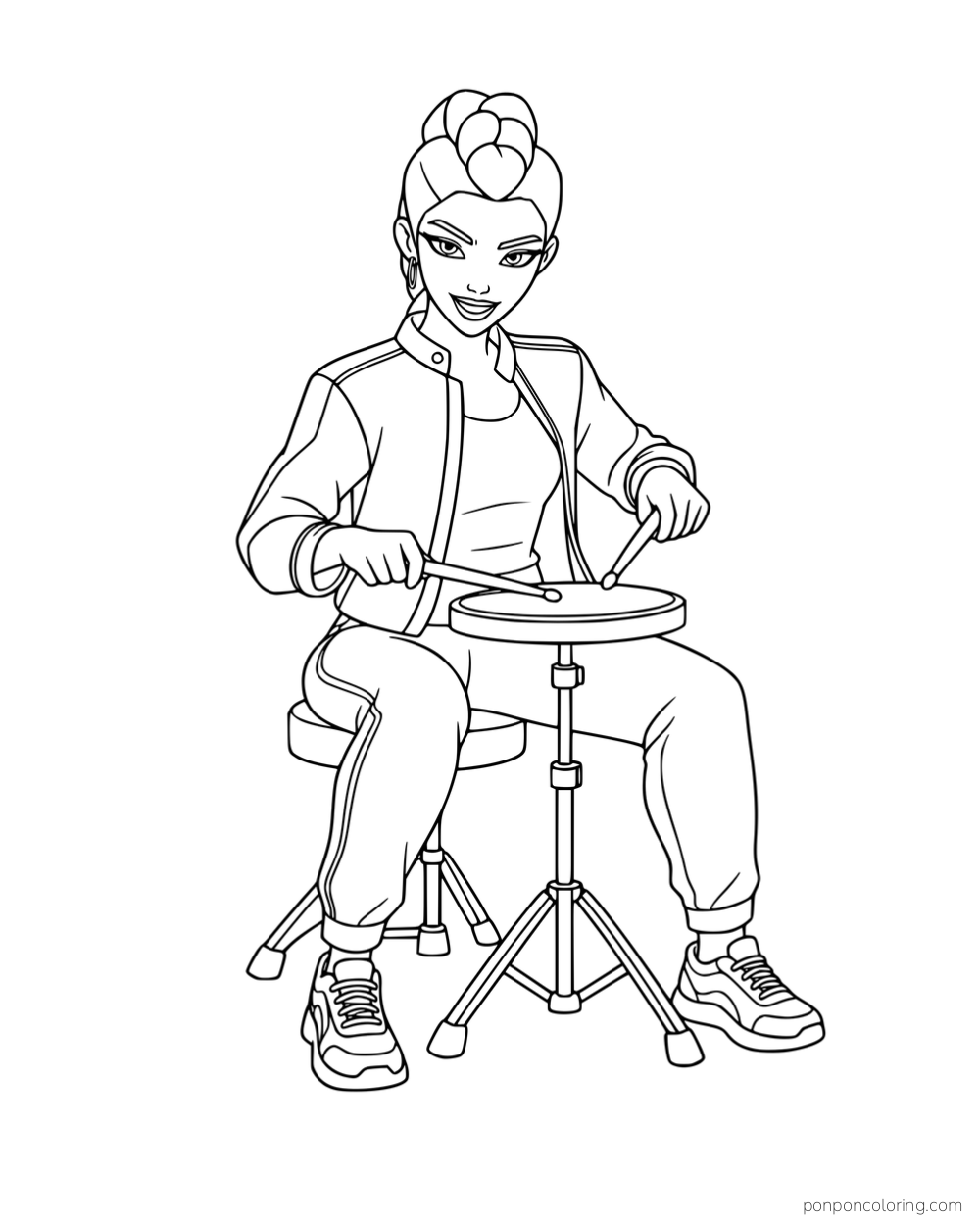 Rumi sitting on a drum stool and tapping a practice pad with two sticks.