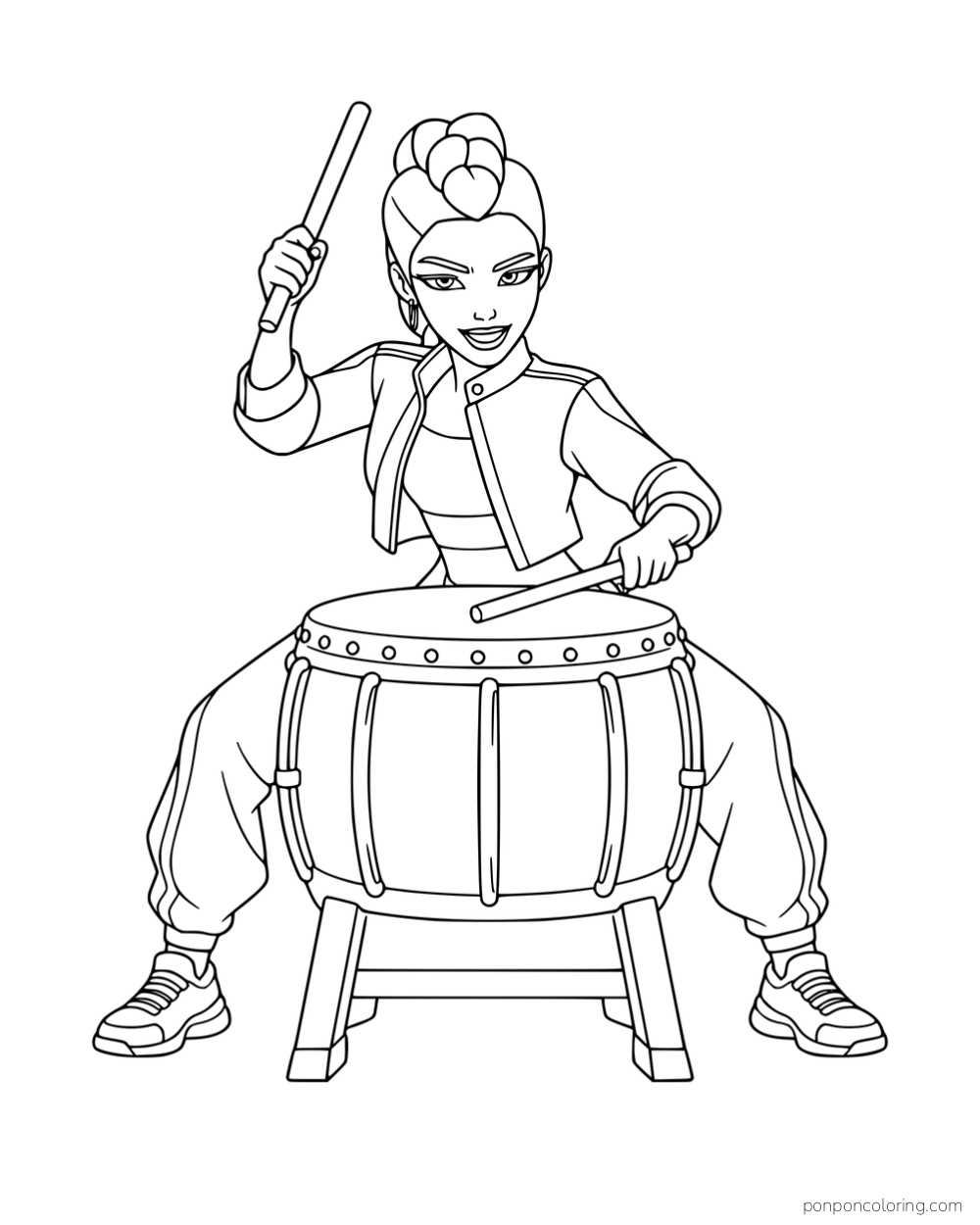 Rumi playing a large barrel-shaped drum with two sticks.