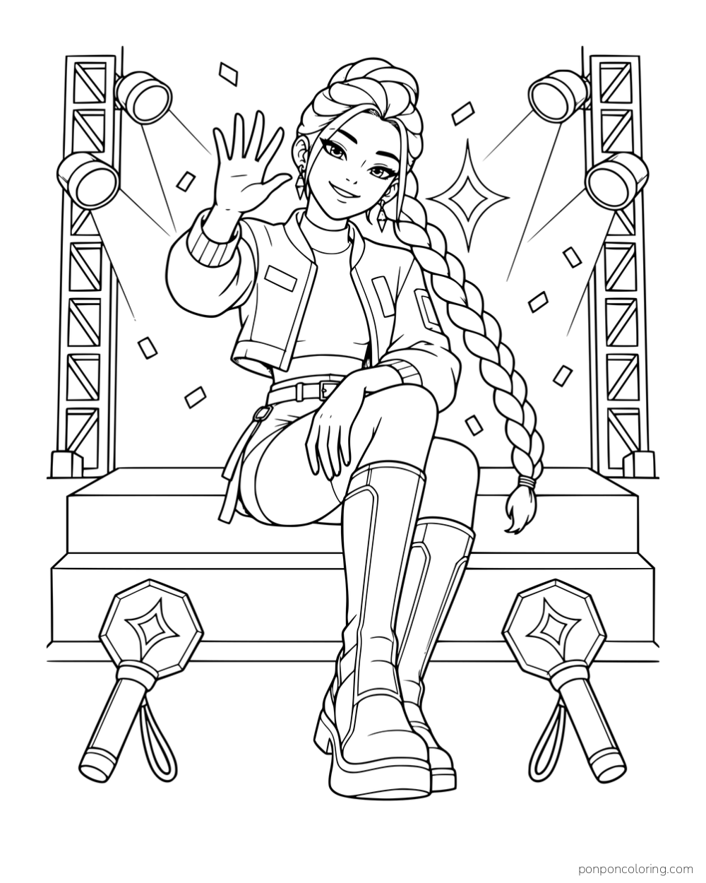 Rumi waving from stage steps with two diamond-shaped lightsticks in front of her.