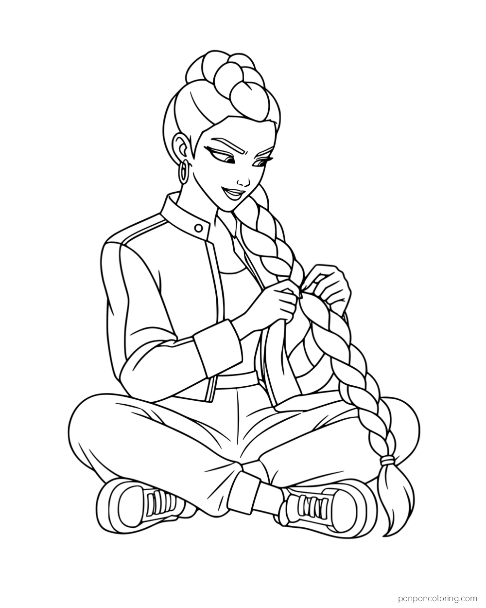 Rumi sitting cross-legged and braiding her long hair.