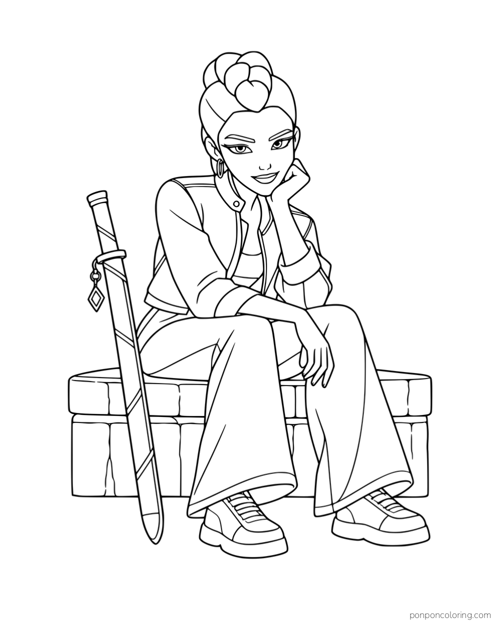 Rumi sitting on a low stone wall beside a sheathed sword.