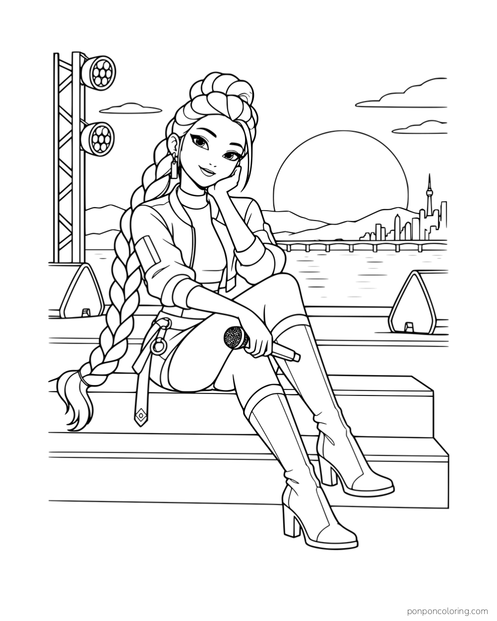 Rumi resting on stage steps with a microphone in her lap and a river skyline behind her.