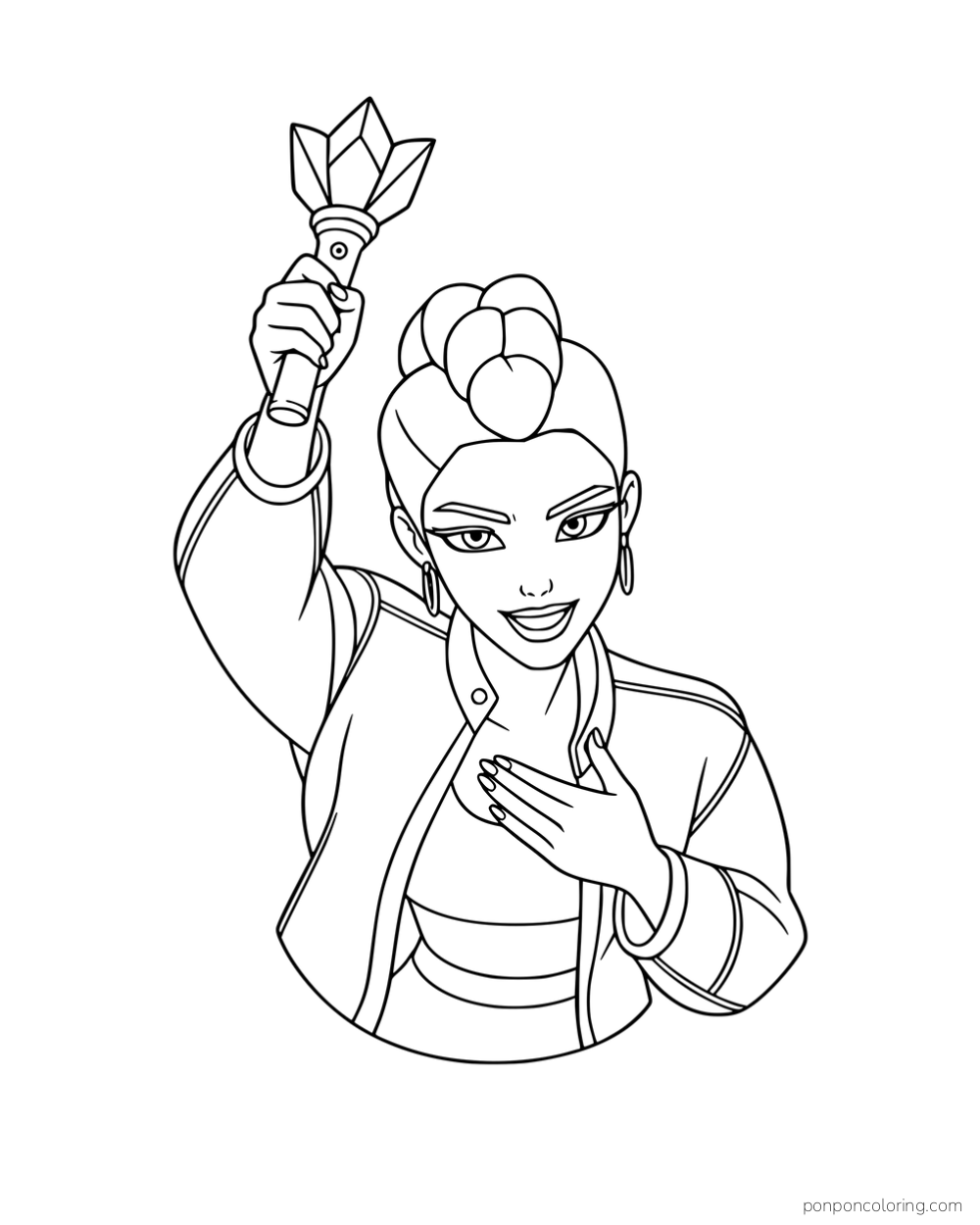 Rumi raising a faceted lightstick with her other hand on her chest.