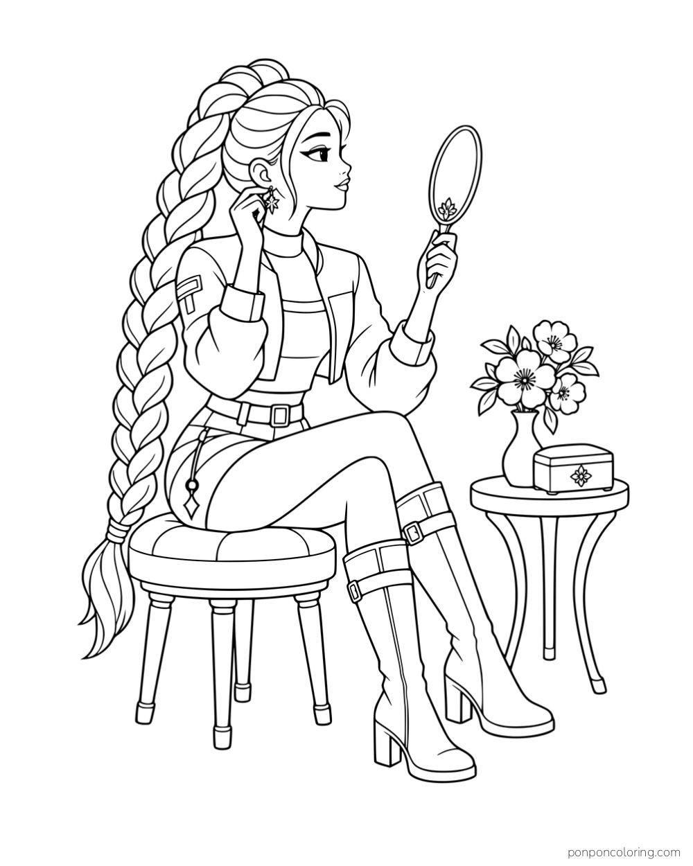 Rumi checking an earring in an oval hand mirror beside a table with flowers and a jewelry box.