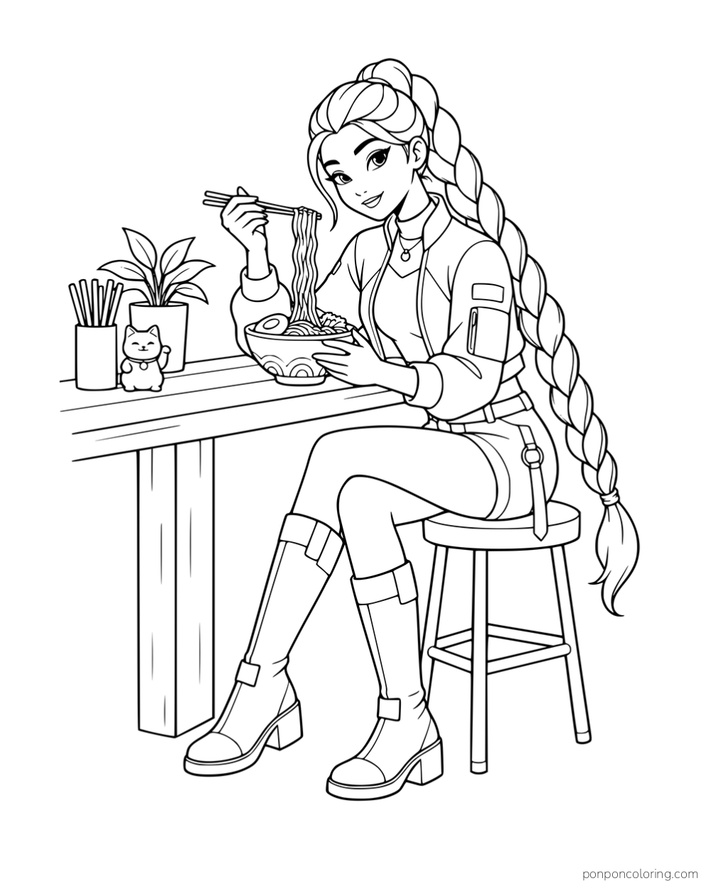 Rumi eating noodles with chopsticks at a counter with a small cat figurine and potted plant.