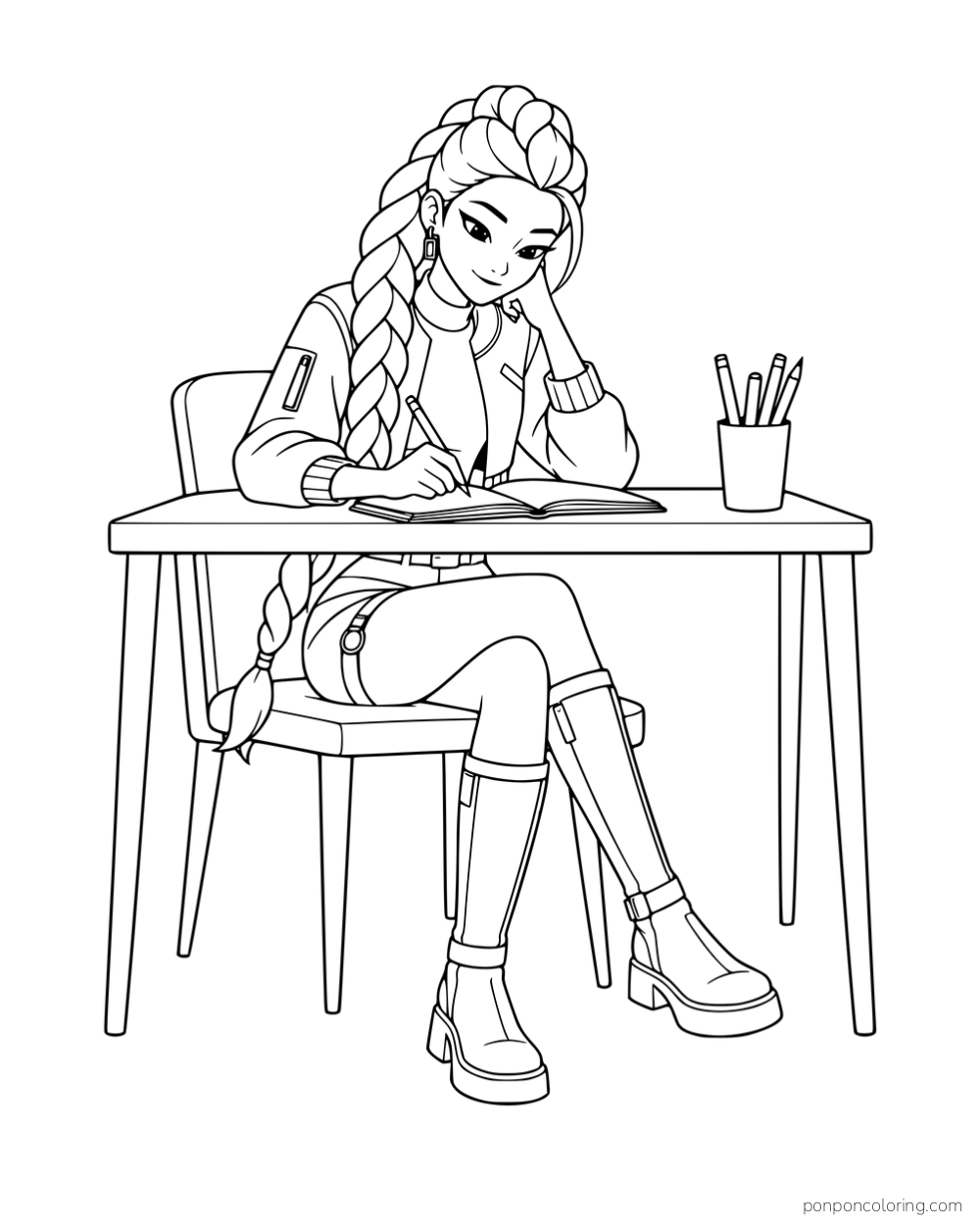 Rumi writing in a notebook at a desk with her head resting on one hand.