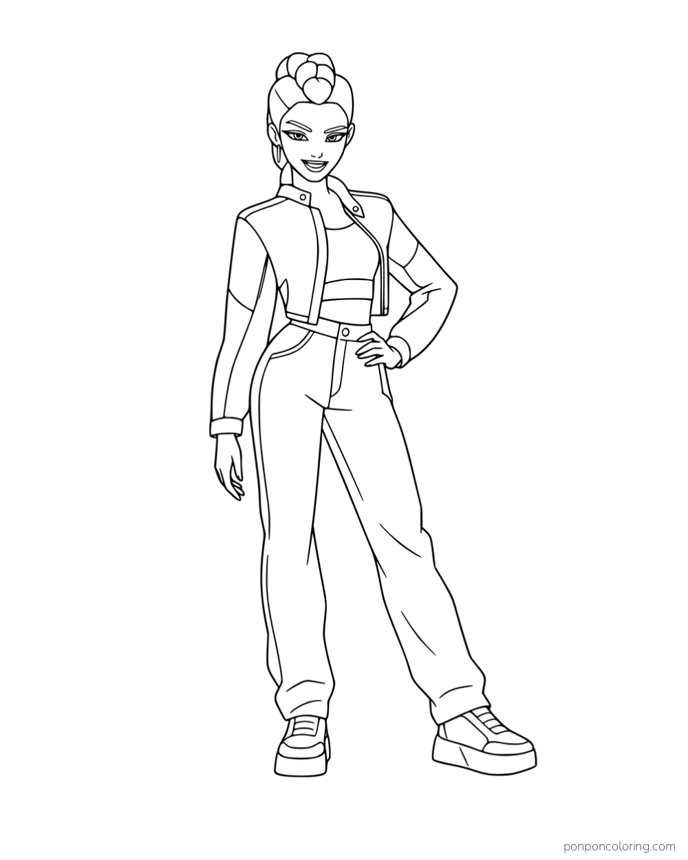 Rumi standing with one hand on her hip in loose pants.