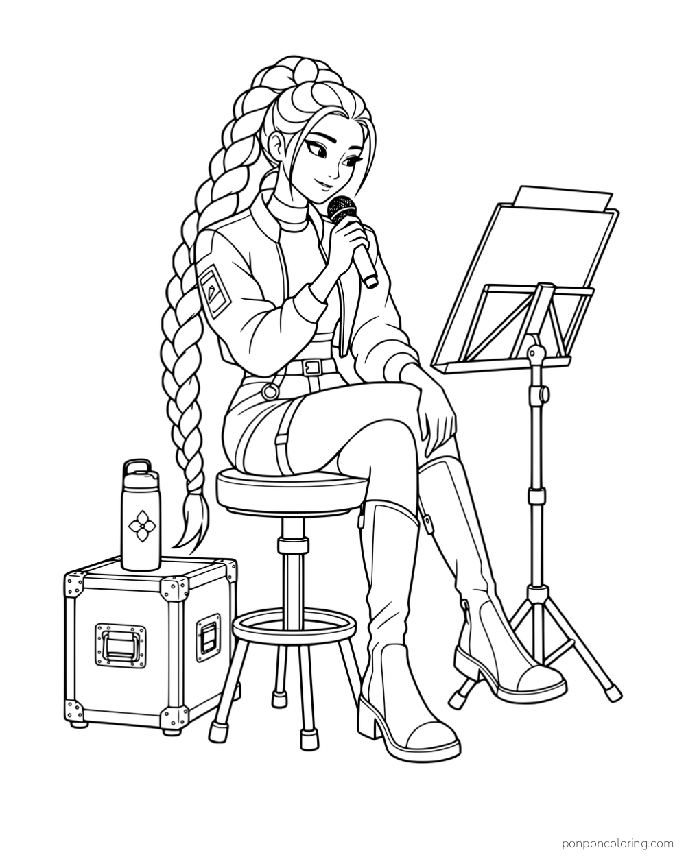 Rumi holding a microphone with her legs crossed on a stool beside a music stand and water bottle.