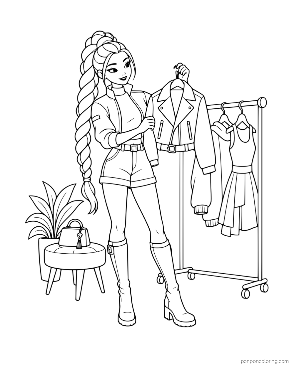 Rumi holding a jacket on a hanger beside a clothes rail and a stool with a handbag.