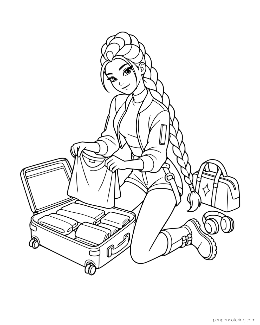 Rumi packing a folded shirt in an open suitcase with headphones and a travel bag nearby.