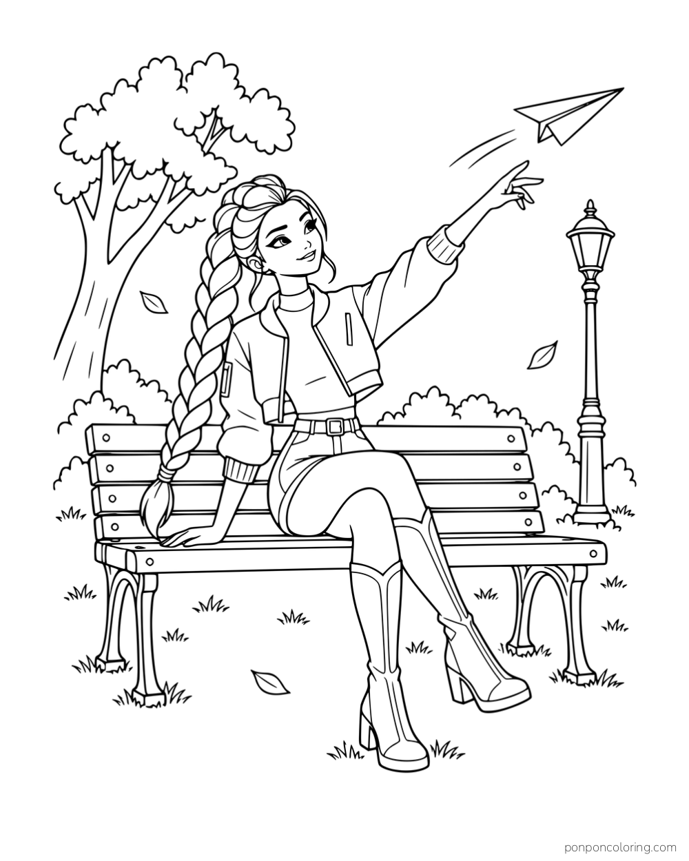 Rumi launching a paper airplane from a park bench near a tree and lamp.