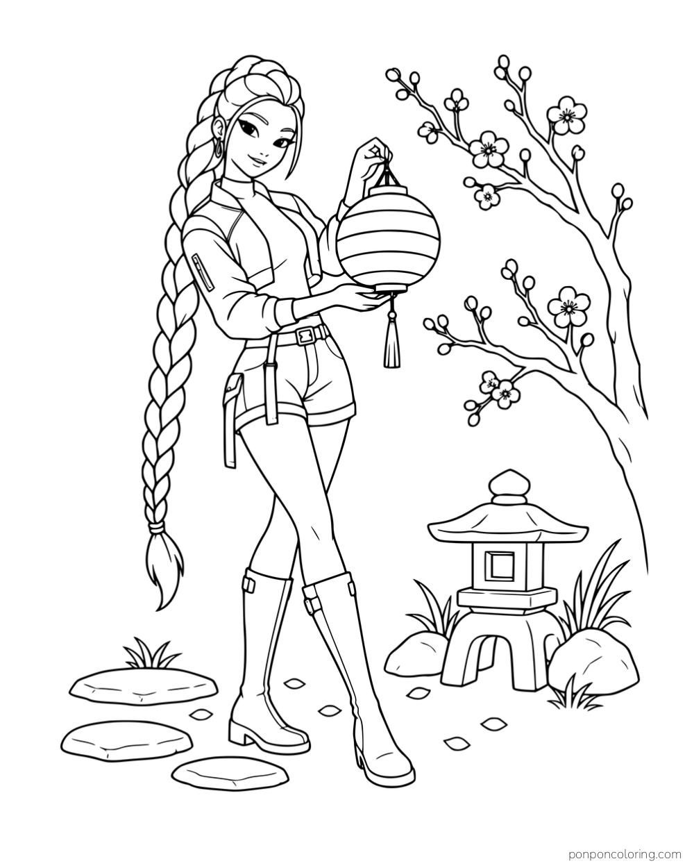 Rumi holding a round paper lantern beside a flowering tree and stone garden lantern.