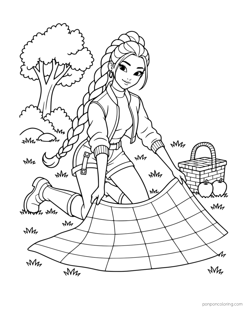 Rumi spreading a checked picnic blanket on the grass beside a basket and apples.