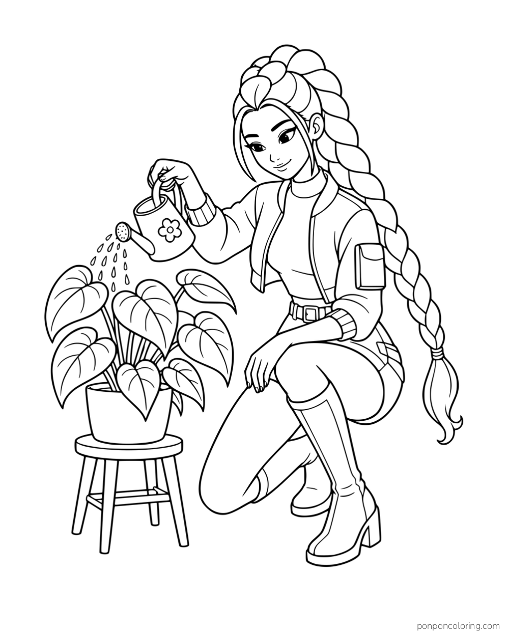 Rumi kneeling with a watering can beside a leafy plant on a stool.