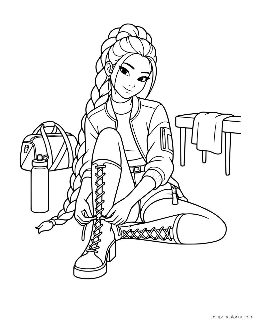 Rumi sitting on the floor and tying a tall boot beside a water bottle and gym bag.