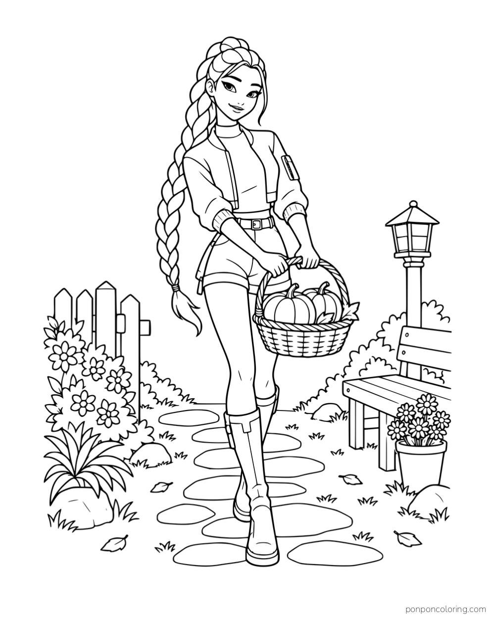 Rumi carrying a basket of small pumpkins along a garden path beside a bench and flowers.
