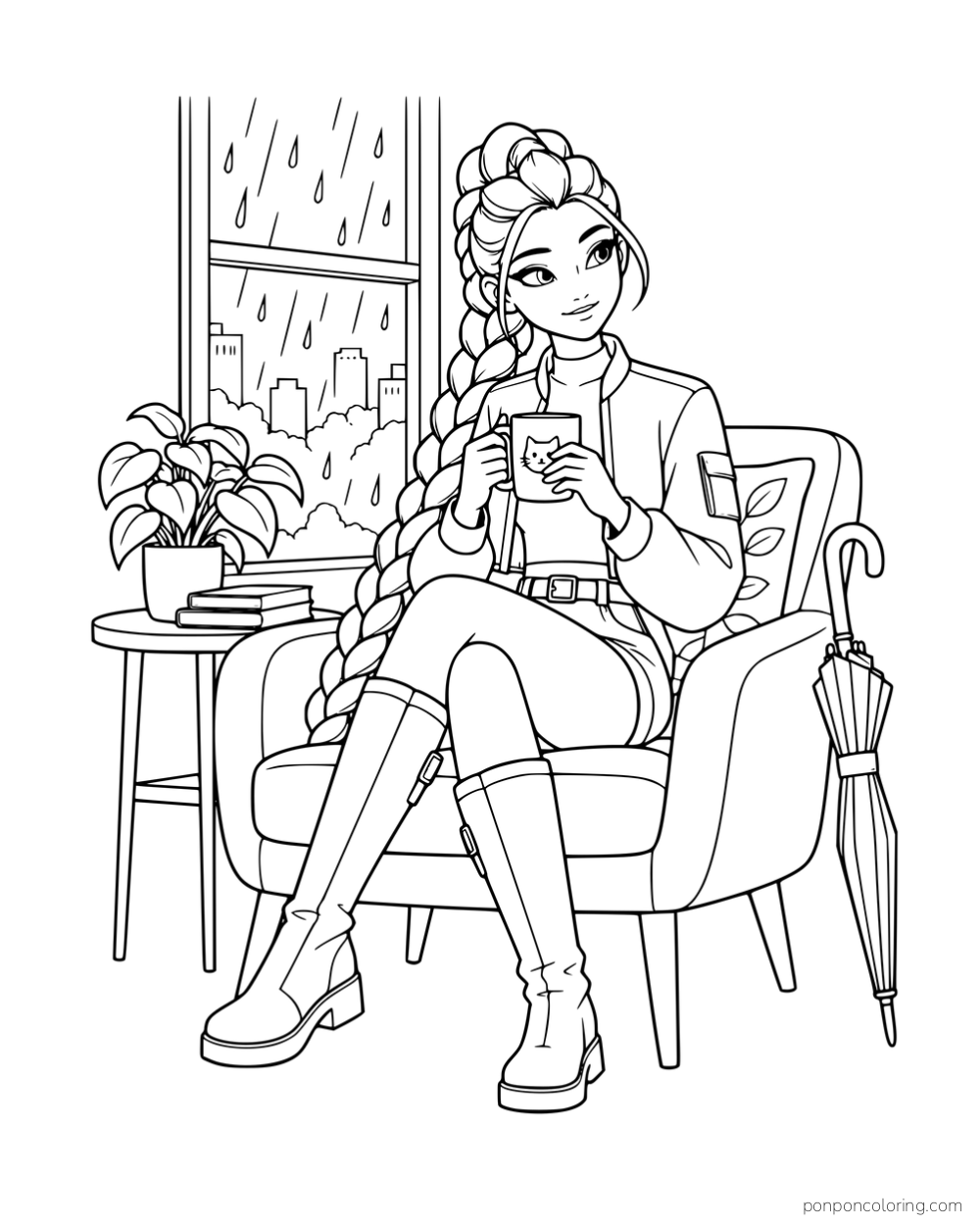 Rumi holding a mug in an armchair beside a rainy window, books, and an umbrella.