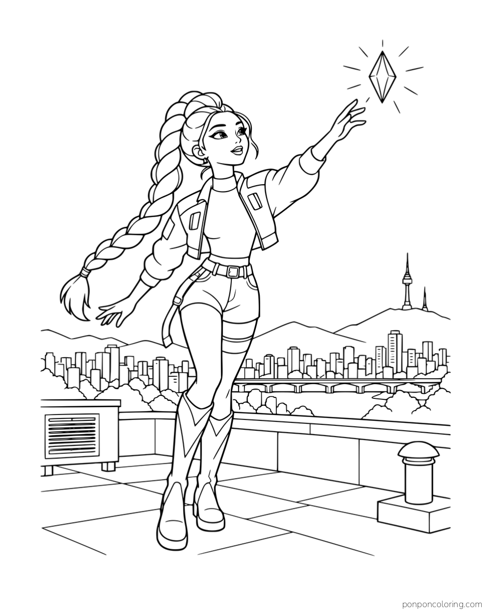 Rumi reaching toward a floating diamond of light above a rooftop.