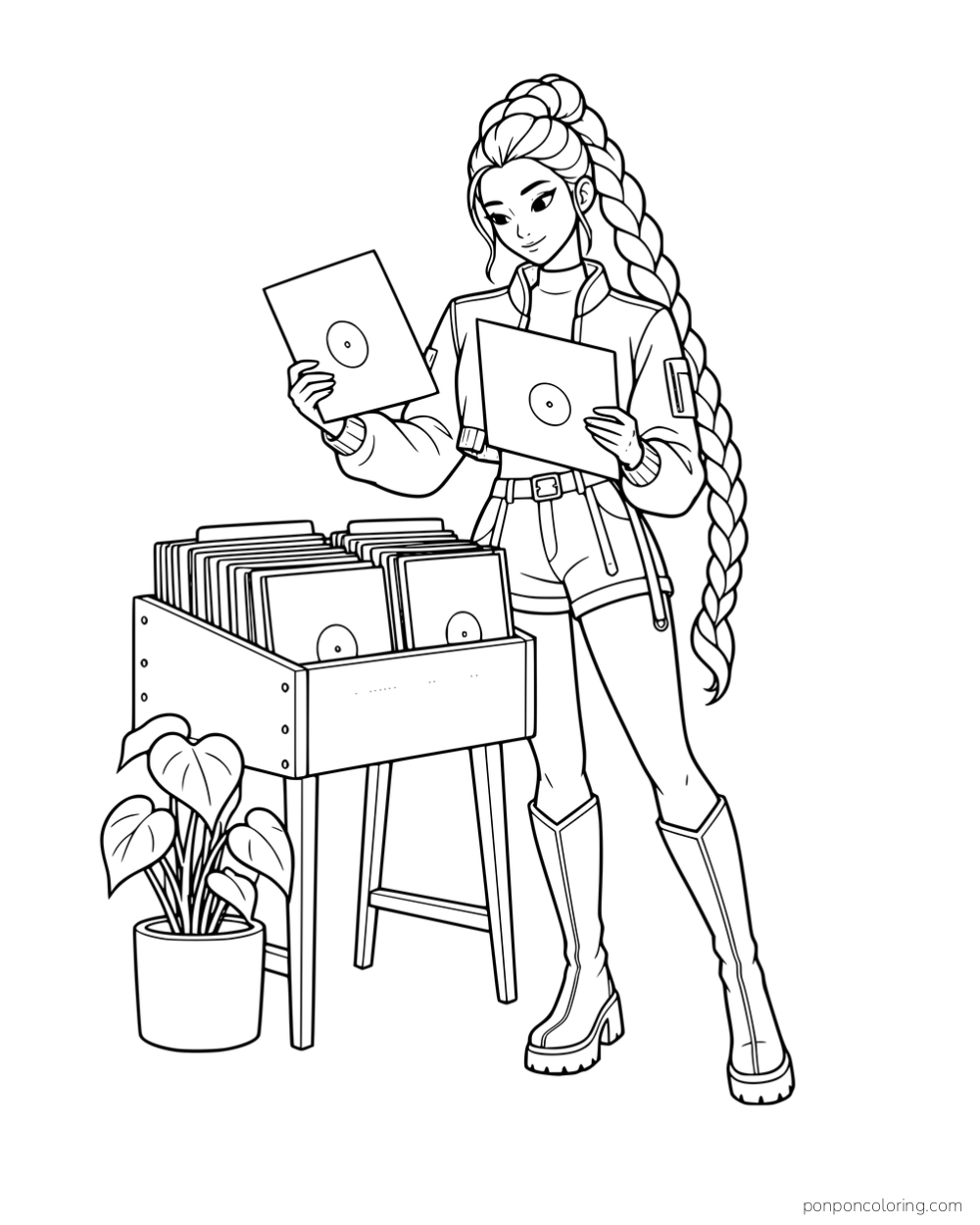 Rumi holding two records above a crate on a stand beside a potted plant.