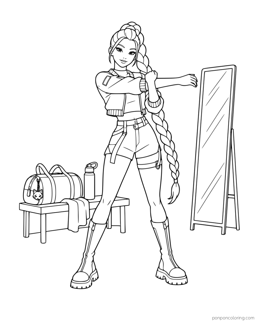 Rumi stretching one arm across her chest beside a standing mirror and a bench with gym gear.
