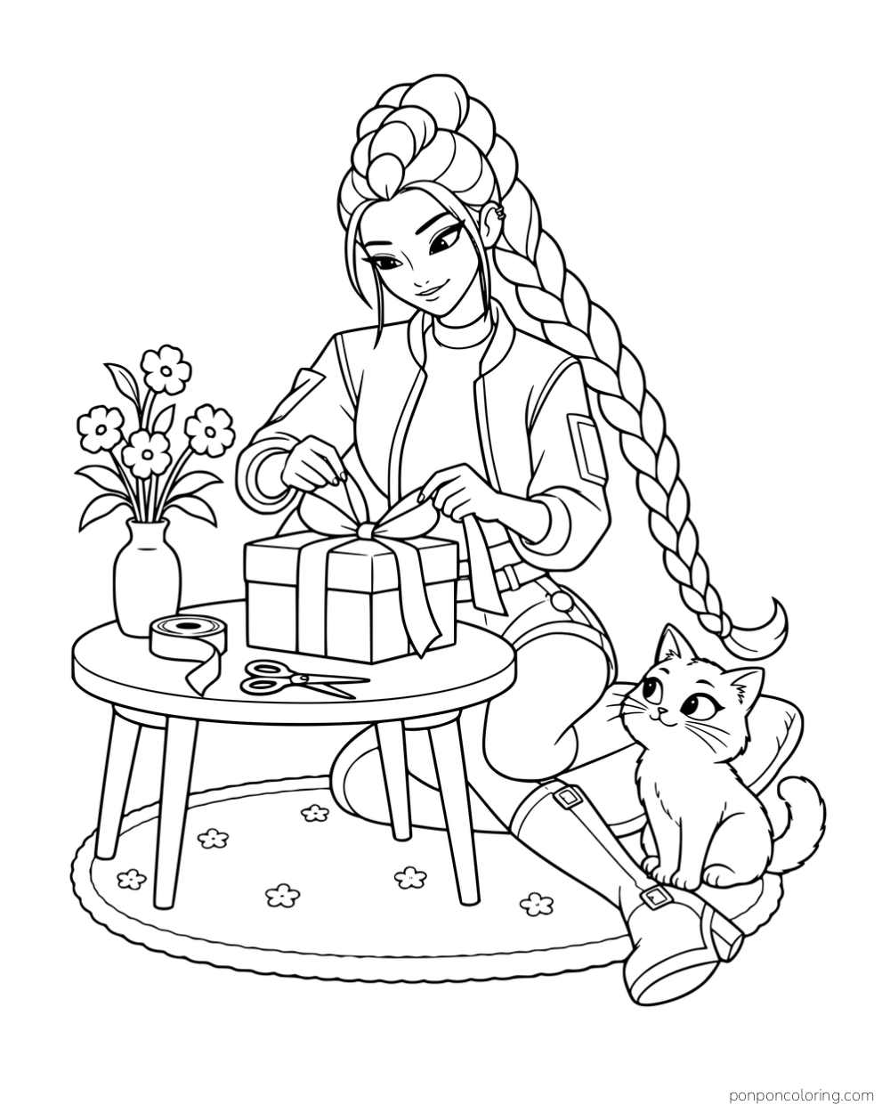 Rumi tying a ribbon around a gift box at a low table while a cat watches beside her.