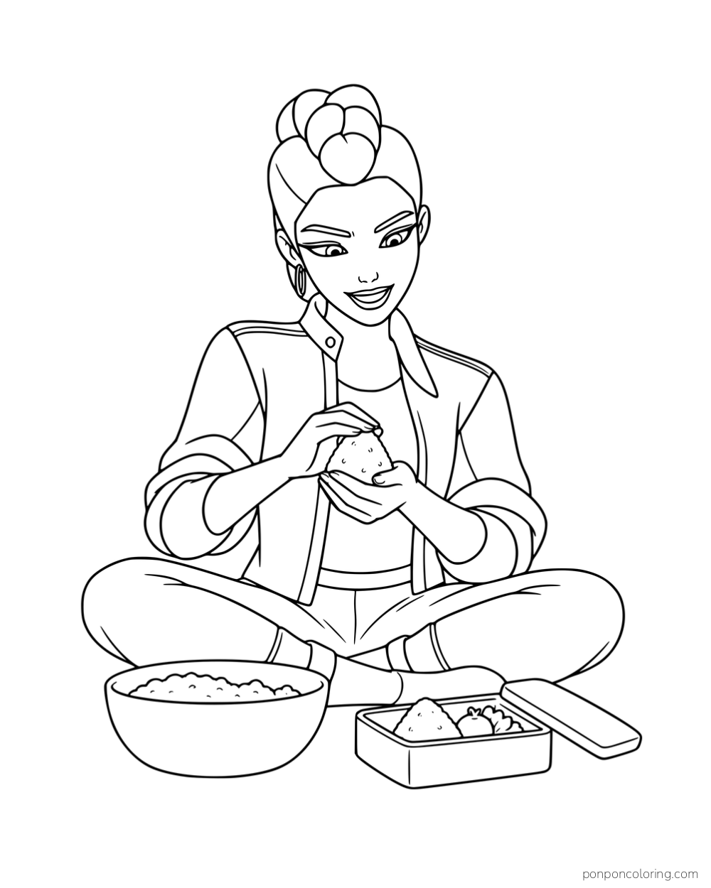 Rumi shaping a rice ball while sitting beside a bowl and open lunch box.