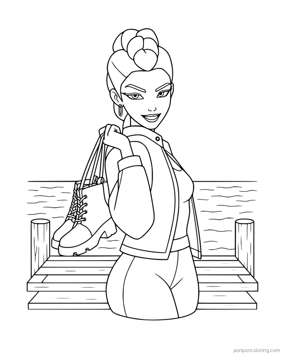 Rumi looking over her shoulder and carrying boots beside a wooden dock.