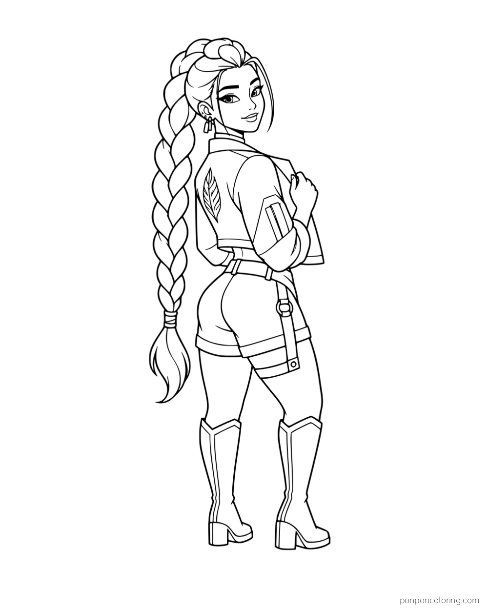 Rumi looking over her shoulder with her long braid down the back of her jacket.