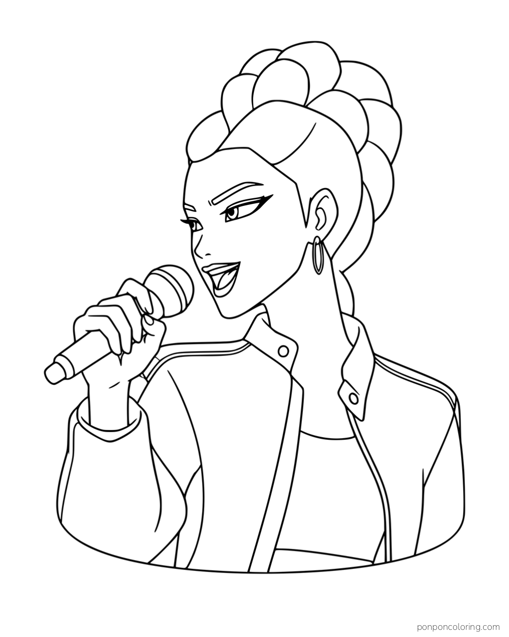 Rumi singing into a handheld microphone.