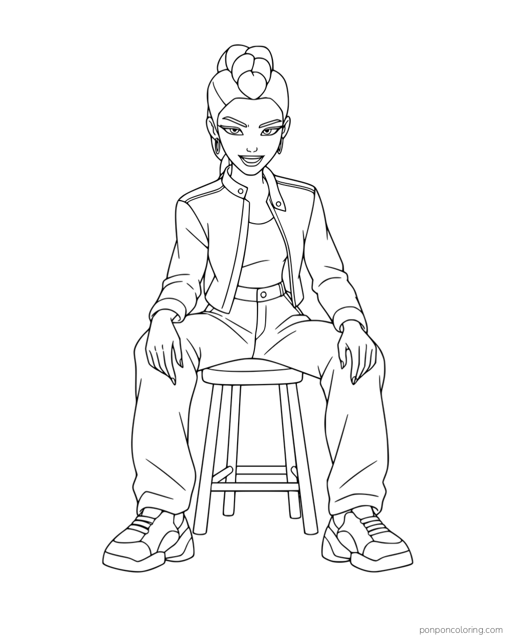 Rumi sitting on a stool with her hands on her knees.