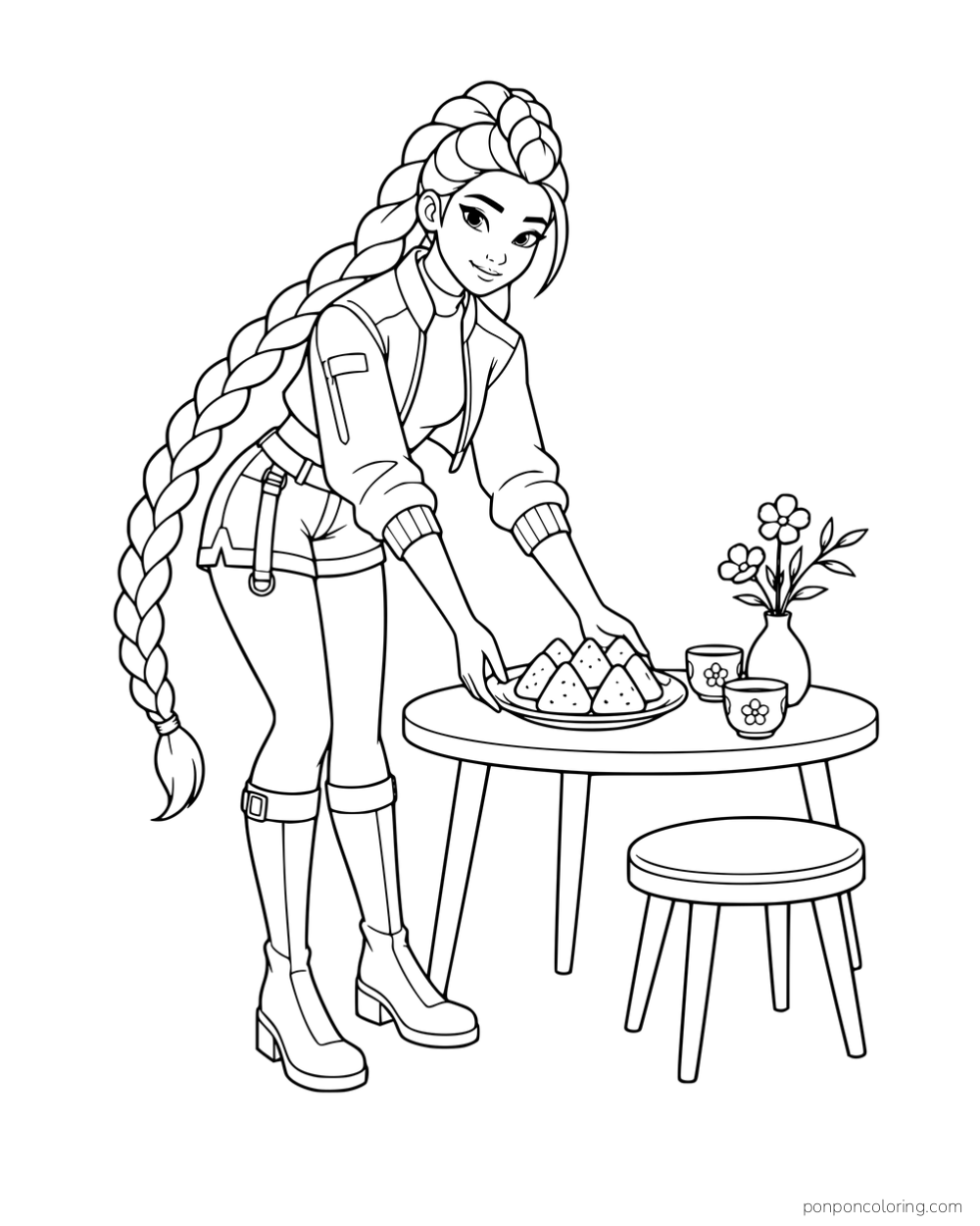 Rumi setting a plate of rice balls on a round table with two cups and a vase.