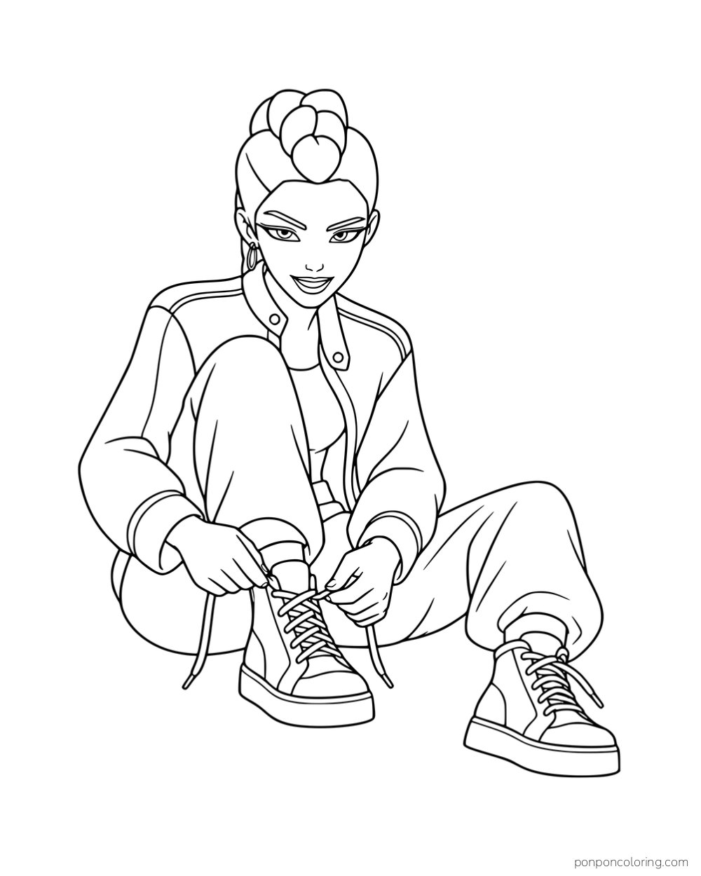 Rumi sitting and tying the laces of a high-top sneaker.