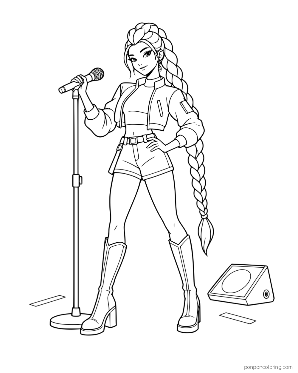 Rumi adjusting a microphone on its stand with one hand on her hip beside a floor monitor.