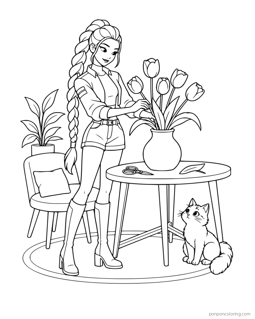 Rumi arranging tulips in a vase on a table with a cat sitting underneath.